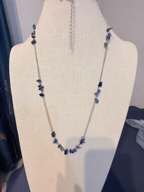 Vintage Blue Stone Chip Necklace 40” +2.5”